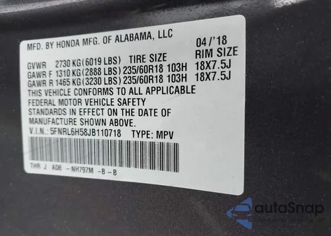 2018 Honda Odyssey Ex z USA, uszkodzony, nr VIN 5FNRL6H58JB110718